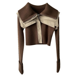 咖啡色假兩件拼接短款拉鍊針織開衫上衣冬季女設計感小衆毛衣外套