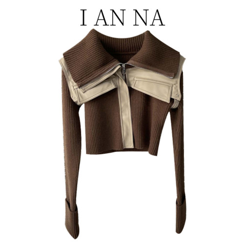 咖啡色假兩件拼接短款拉鍊針織開衫上衣冬季女設計感小衆毛衣外套