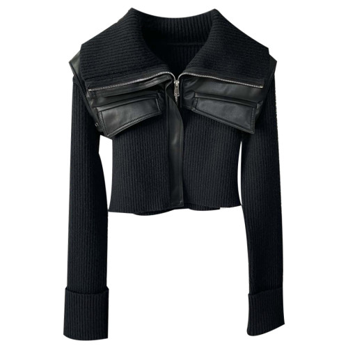 咖啡色假兩件拼接短款拉鍊針織開衫上衣冬季女設計感小衆毛衣外套