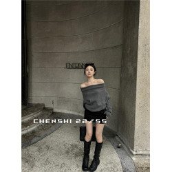 CHENSHI 美式慵懶一字肩毛衣女秋冬高級小衆寬松氣質露肩蕩領上衣