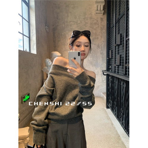 CHENSHI 美式慵懶一字肩毛衣女秋冬高級小衆寬松氣質露肩蕩領上衣