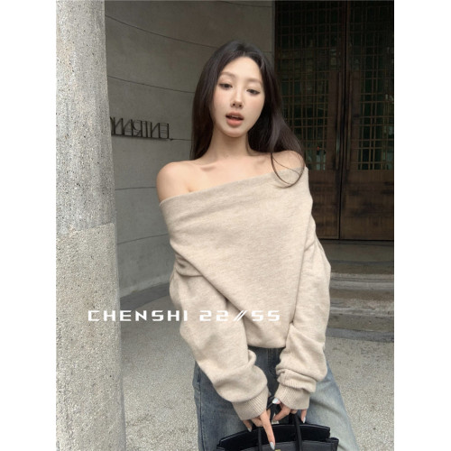 CHENSHI 美式慵懶一字肩毛衣女秋冬高級小衆寬松氣質露肩蕩領上衣