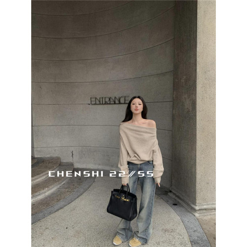 CHENSHI 美式慵懶一字肩毛衣女秋冬高級小衆寬松氣質露肩蕩領上衣