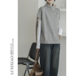 LUXIXIAO針織馬甲女外搭學院風無袖高領坎肩背心毛衣寬鬆灰色上衣