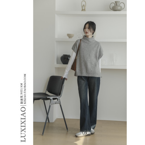 LUXIXIAO針織馬甲女外搭學院風無袖高領坎肩背心毛衣寬鬆灰色上衣