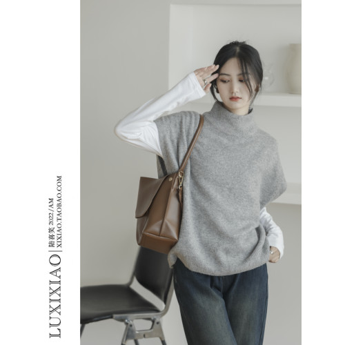 LUXIXIAO針織馬甲女外搭學院風無袖高領坎肩背心毛衣寬鬆灰色上衣
