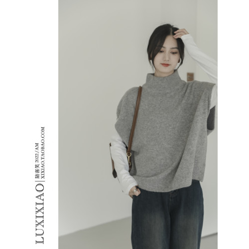 LUXIXIAO針織馬甲女外搭學院風無袖高領坎肩背心毛衣寬鬆灰色上衣