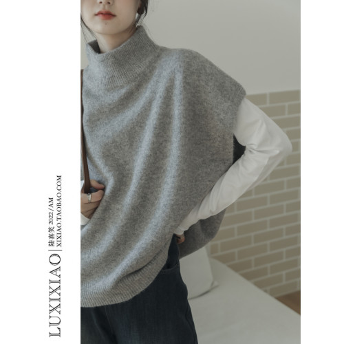 LUXIXIAO針織馬甲女外搭學院風無袖高領坎肩背心毛衣寬鬆灰色上衣