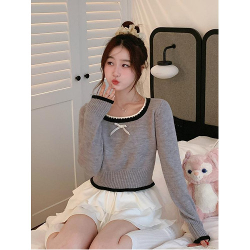 早秋季短款方領打底衫女裝毛衣內搭2025新款蝴蝶結設計感針織上衣