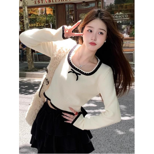 早秋季短款方領打底衫女裝毛衣內搭2025新款蝴蝶結設計感針織上衣