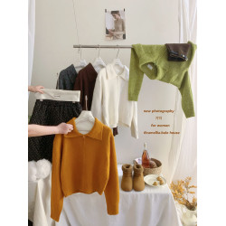 韓系森林綠拉鍊毛絨翻領針織開衫女秋冬復古洋氣慵懶百搭毛衣外套