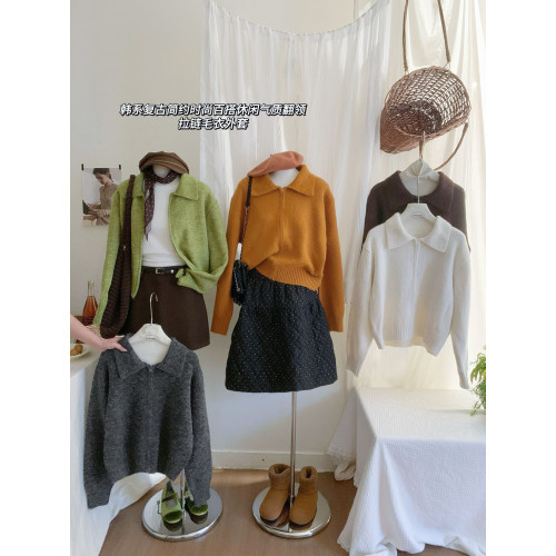 韓系森林綠拉鍊毛絨翻領針織開衫女秋冬復古洋氣慵懶百搭毛衣外套