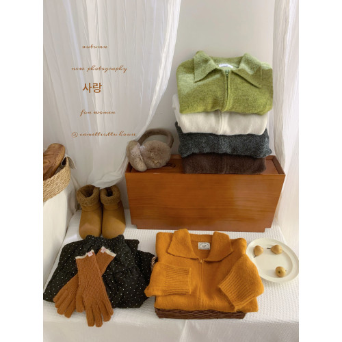 韓系森林綠拉鍊毛絨翻領針織開衫女秋冬復古洋氣慵懶百搭毛衣外套