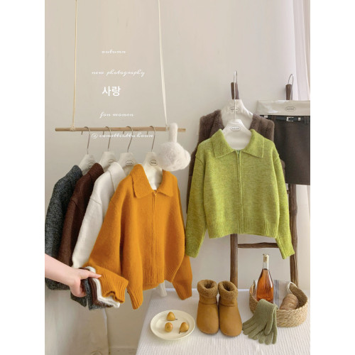 韓系森林綠拉鍊毛絨翻領針織開衫女秋冬復古洋氣慵懶百搭毛衣外套