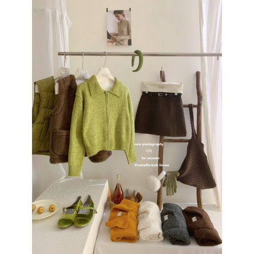 韓系森林綠拉鍊毛絨翻領針織開衫女秋冬復古洋氣慵懶百搭毛衣外套