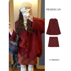 慵懶風過年新年紅色毛衣女秋冬季2025新款小個子加厚針織開衫外套