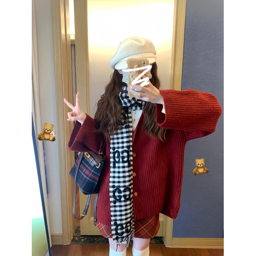 慵懶風過年新年紅色毛衣女秋冬季2025新款小個子加厚針織開衫外套