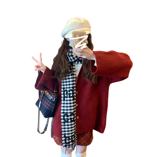 慵懶風過年新年紅色毛衣女秋冬季2025新款小個子加厚針織開衫外套