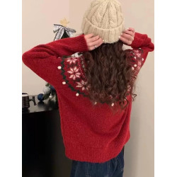 復古提花聖誕新年紅色費爾島毛衣女套頭寬松秋冬加厚內搭針織上衣