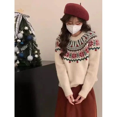 復古提花聖誕新年紅色費爾島毛衣女套頭寬松秋冬加厚內搭針織上衣