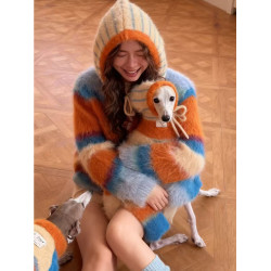 多巴胺彩色條紋水貂絨連帽毛衣女秋冬慵懶高級感馬海毛針織衫上衣