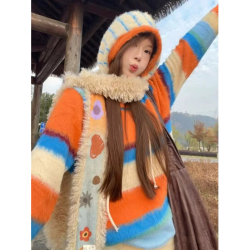 多巴胺彩色條紋水貂絨連帽毛衣女秋冬慵懶高級感馬海毛針織衫上衣 多巴胺彩色條紋水貂絨連帽毛衣女秋冬慵懶高級感馬海毛針織衫上衣