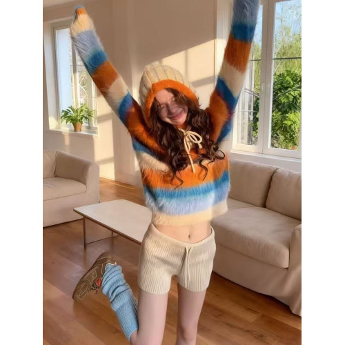 多巴胺彩色條紋水貂絨連帽毛衣女秋冬慵懶高級感馬海毛針織衫上衣 多巴胺彩色條紋水貂絨連帽毛衣女秋冬慵懶高級感馬海毛針織衫上衣