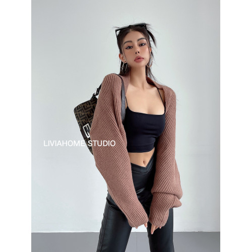 liviahome 美式慵嬾一片式廓形外搭針織毛衣罩衫外套長袖女秋冬