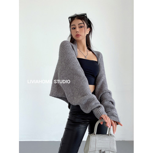 liviahome 美式慵嬾一片式廓形外搭針織毛衣罩衫外套長袖女秋冬