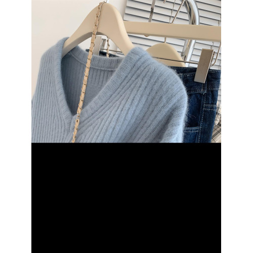 早秋藍色v領浣熊絨毛衣女秋冬寬松慵懶風高級感小個子內搭針織衫