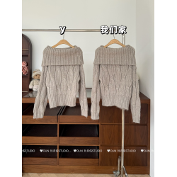 玖月伍早秋超好看單穿上衣女慵懶高級感一字肩長袖針織衫毛衣