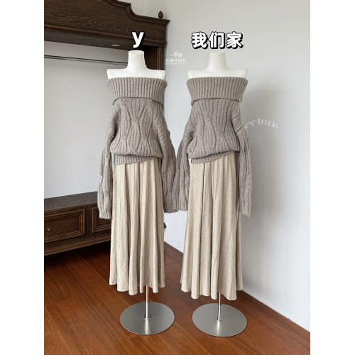 玖月伍早秋超好看單穿上衣女慵懶高級感一字肩長袖針織衫毛衣 玖月伍早秋超好看單穿上衣女慵懶高級感一字肩長袖針織衫毛衣