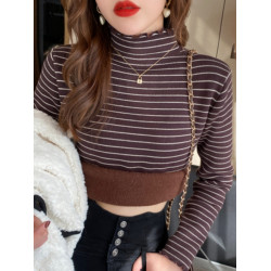 加絨打底衫女冬加厚一體絨內搭2025新款條紋毛衣半高領木耳邊上衣