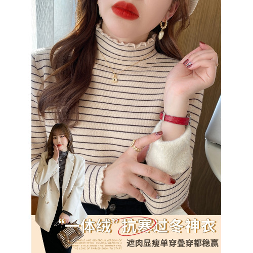 加絨打底衫女冬加厚一體絨內搭2025新款條紋毛衣半高領木耳邊上衣