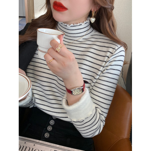 加絨打底衫女冬加厚一體絨內搭2025新款條紋毛衣半高領木耳邊上衣