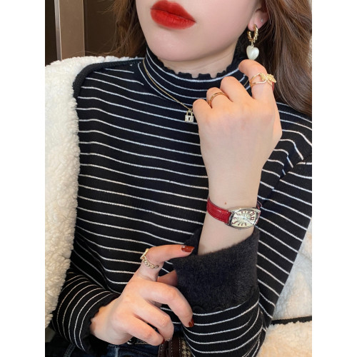 加絨打底衫女冬加厚一體絨內搭2025新款條紋毛衣半高領木耳邊上衣