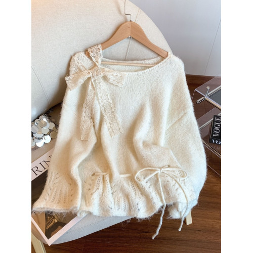 多巴胺黃色針織衫女秋冬季軟糯蝴蝶結系帶長袖寬鬆慵嬾風顯瘦毛衣