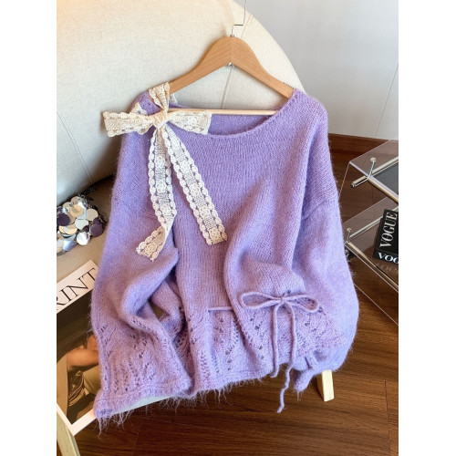 多巴胺黃色針織衫女秋冬季軟糯蝴蝶結系帶長袖寬鬆慵嬾風顯瘦毛衣