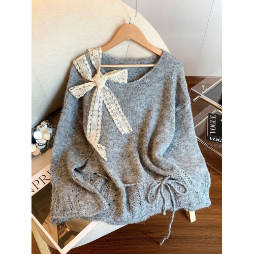 多巴胺黃色針織衫女秋冬季軟糯蝴蝶結系帶長袖寬鬆慵嬾風顯瘦毛衣