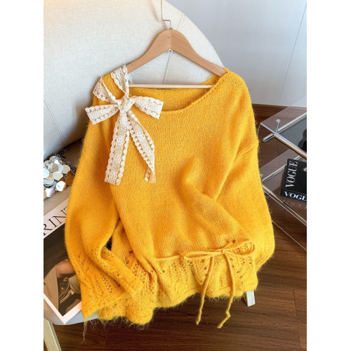 多巴胺黃色針織衫女秋冬季軟糯蝴蝶結系帶長袖寬鬆慵嬾風顯瘦毛衣