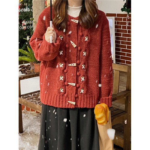 踏進銀河 日系復古刺綉牛角釦毛衣開衫小個子新年紅色甜美針織衫
