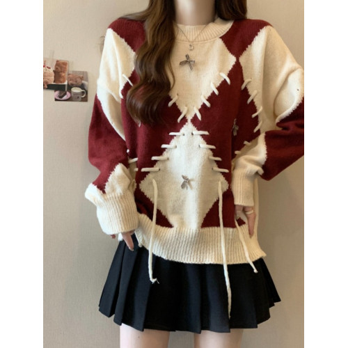 學院風復古紅色菱格毛衣女秋季新款大碼胖mm寬松顯瘦美拉德針織衫