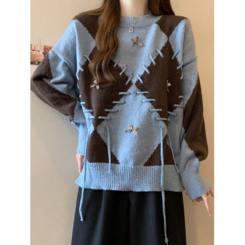 學院風復古紅色菱格毛衣女秋季新款大碼胖mm寬松顯瘦美拉德針織衫