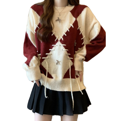 學院風復古紅色菱格毛衣女秋季新款大碼胖mm寬松顯瘦美拉德針織衫