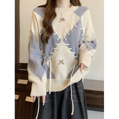 學院風復古紅色菱格毛衣女秋季新款大碼胖mm寬松顯瘦美拉德針織衫