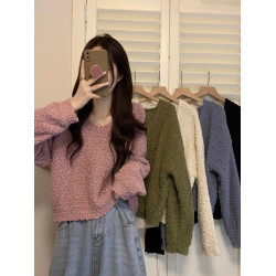 慵懶風V領針織毛衣女裝早秋外穿寬松顯瘦套頭百搭長袖上衣小個子