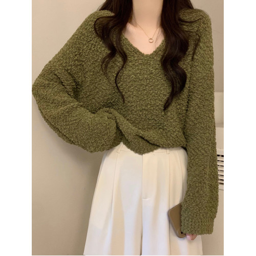 慵懶風V領針織毛衣女裝早秋外穿寬松顯瘦套頭百搭長袖上衣小個子