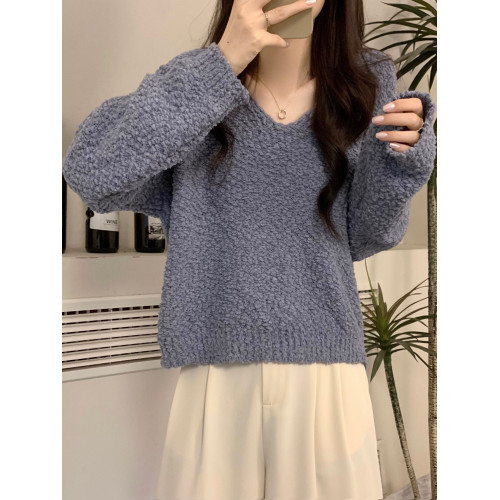 慵懶風V領針織毛衣女裝早秋外穿寬松顯瘦套頭百搭長袖上衣小個子