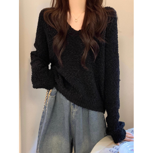 慵懶風V領針織毛衣女裝早秋外穿寬松顯瘦套頭百搭長袖上衣小個子