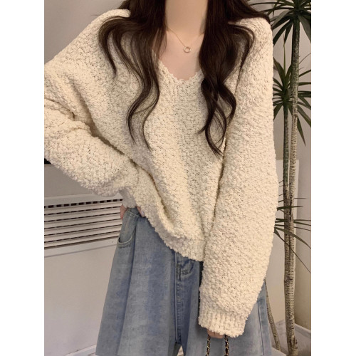 慵懶風V領針織毛衣女裝早秋外穿寬松顯瘦套頭百搭長袖上衣小個子